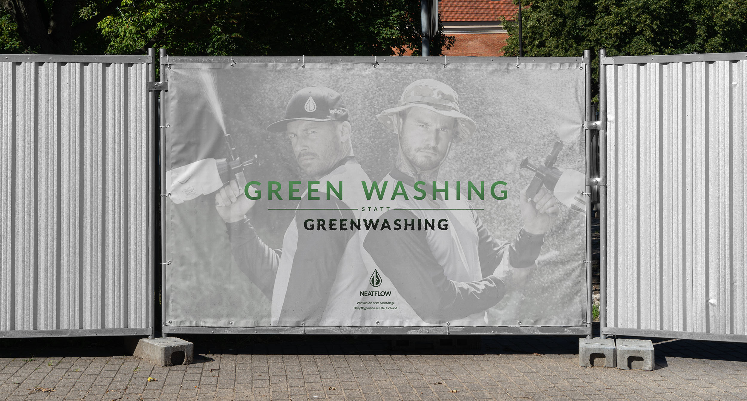 Werbebanner Greenwahsing Kampagne - Bauzaunbanner - Fabio Schäfer - Nico Reuter - Neatflow